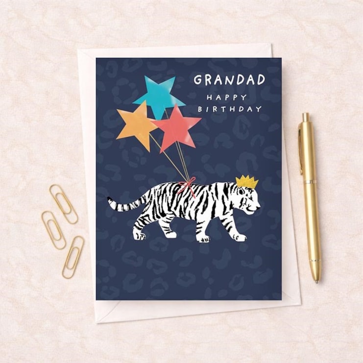 Grandad Birthday Card - White Tiger With Balloons