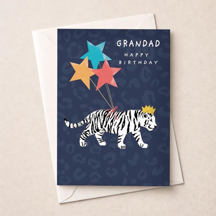 Grandad Birthday Card - White Tiger With Balloons Grandad Birthday Card - White Tiger With Balloons