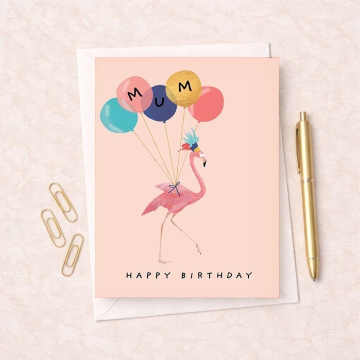 Mum Birthday Card - Flamingo With Balloons