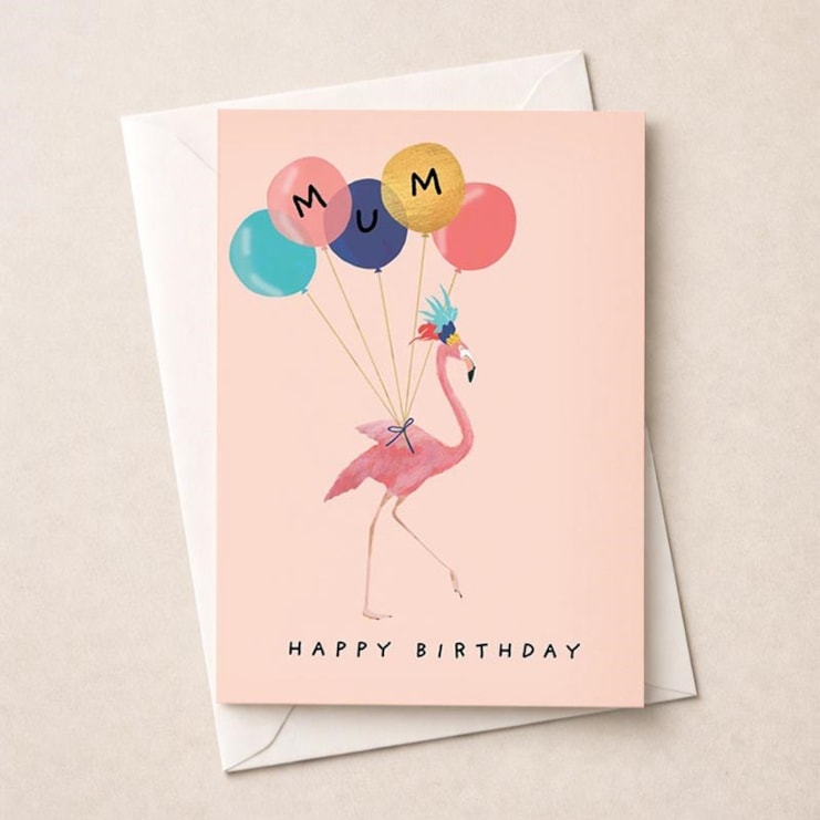 Mum Birthday Card - Flamingo With Balloons