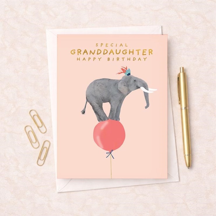 Granddaughter Birthday Card -  Elephant On A Balloon