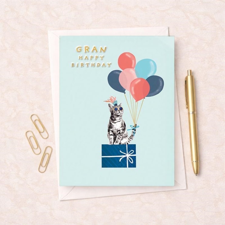 Gran Birthday Card - Cat With Gifts And Balloons Gran Birthday Card - Cat With Gifts And Balloons