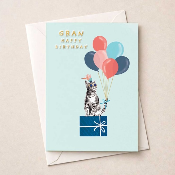 Gran Birthday Card - Cat With Gifts And Balloons Gran Birthday Card - Cat With Gifts And Balloons