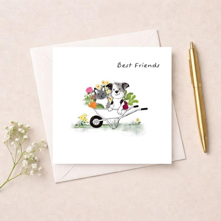 Friendship Card - Cat And Dog In A Wheelbarrow