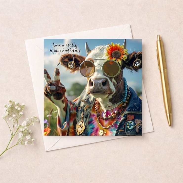 Birthday Card - Hippie Cow