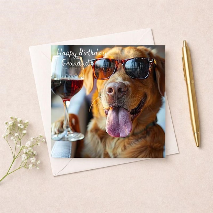 Grandad Birthday Card - Golden Retriever With a Glass Of Wine