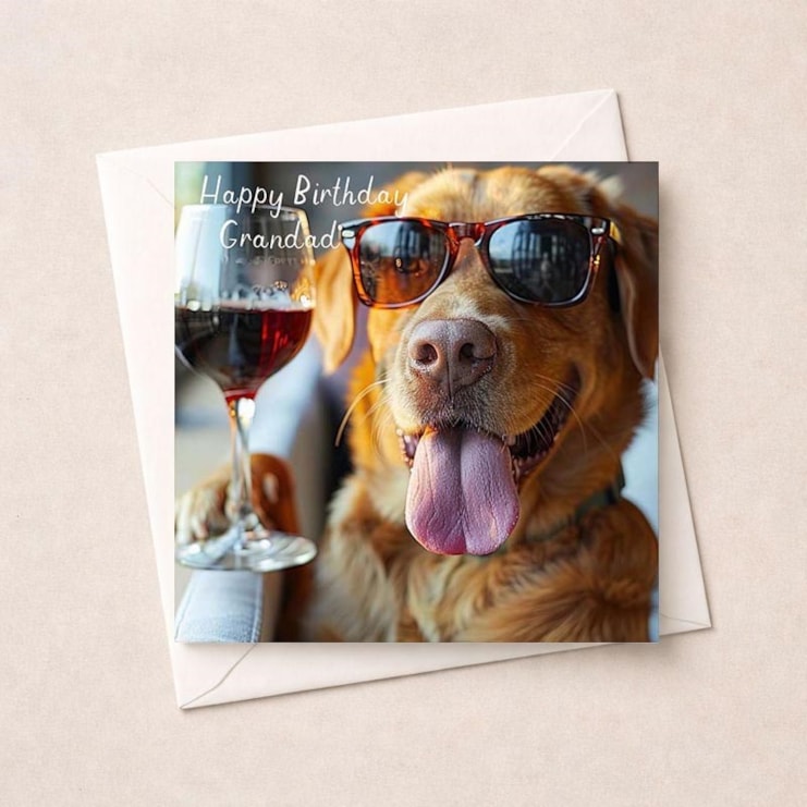 Grandad Birthday Card - Golden Retriever With a Glass Of Wine