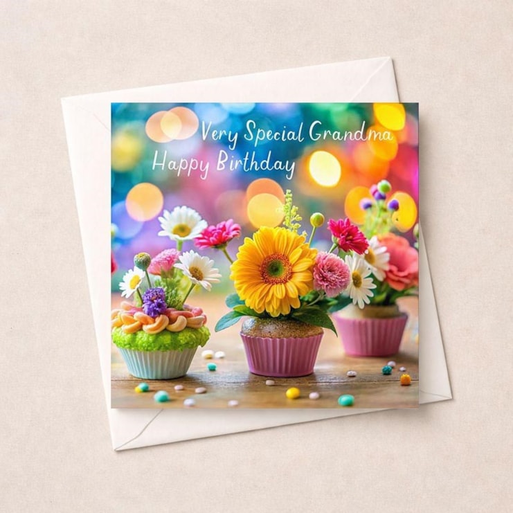 Grandma  Birthday Card - Flower Cupcakes