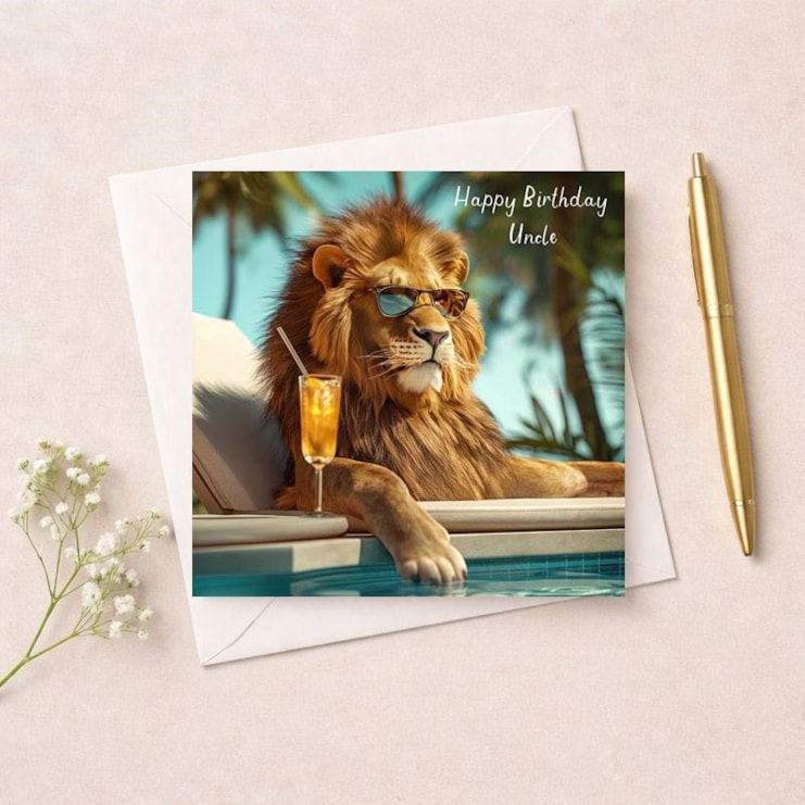 Uncle Birthday Card - Lion By The Pool