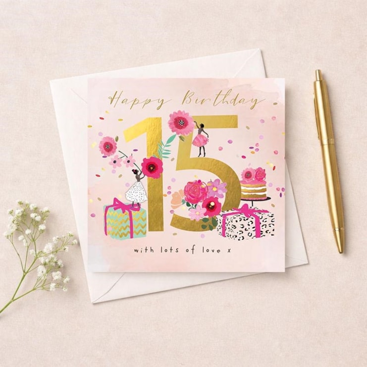 Age 15 Birthday Card - Gifts, Flowers and Cakes Age 15 Birthday Card - Gifts, Flowers and Cakes