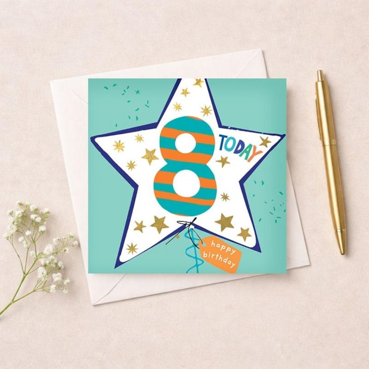 Age 8 Birthday Card - Blue Star Balloon