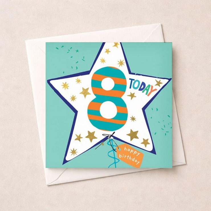 Age 8 Birthday Card - Blue Star Balloon