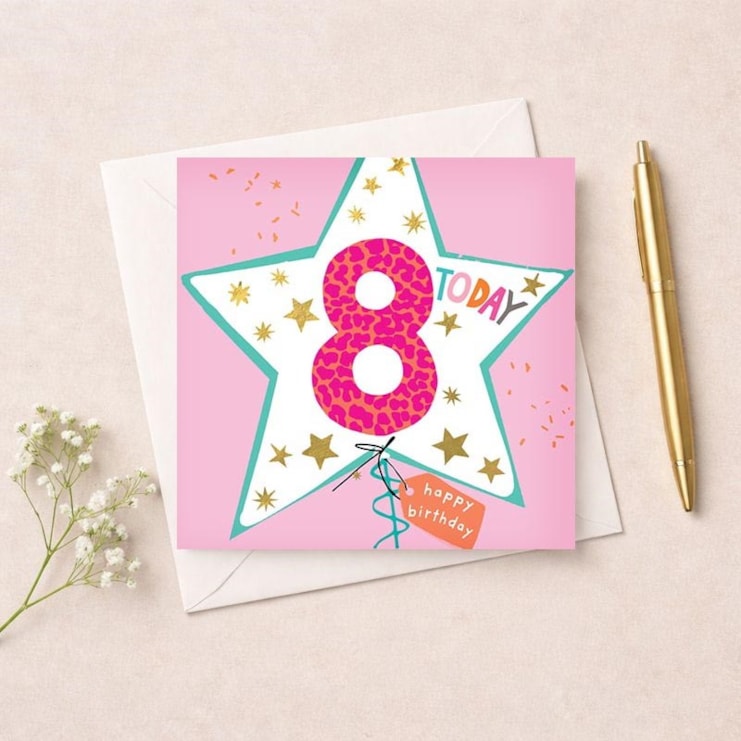 Age 8 Birthday Card - Pink Star Balloon