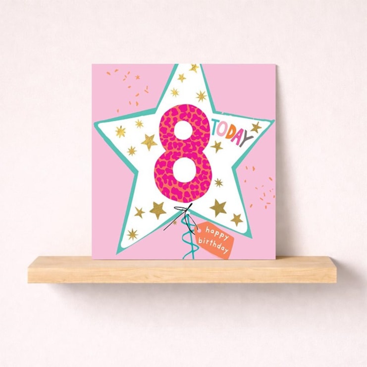 Age 8 Birthday Card - Pink Star Balloon