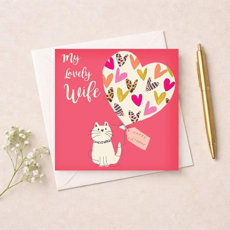 Wife Birthday Card - Cat and Balloon