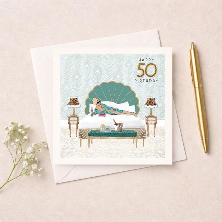 Age 50 Birthday Card - Lady On Bed Age 50 Birthday Card - Lady On Bed