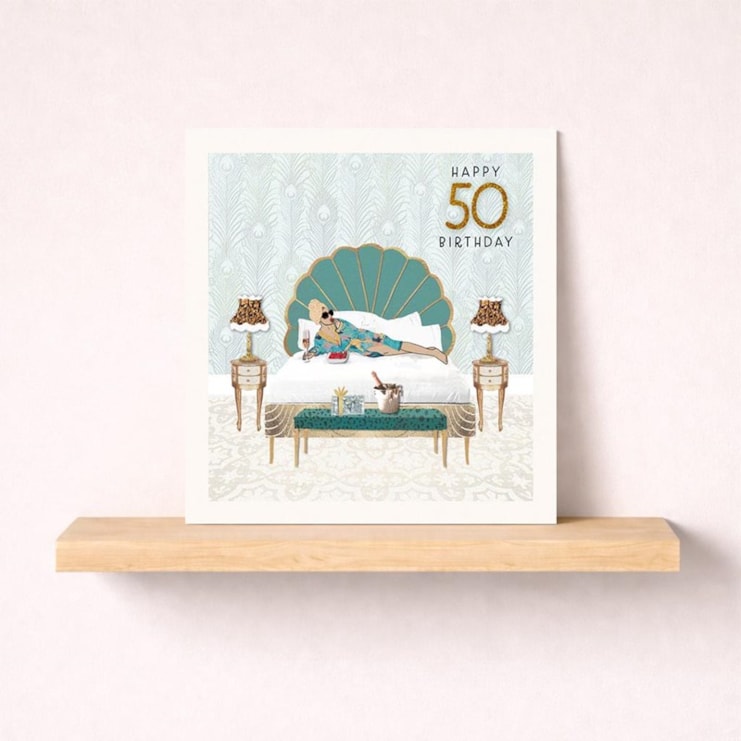 Age 50 Birthday Card - Lady On Bed Age 50 Birthday Card - Lady On Bed