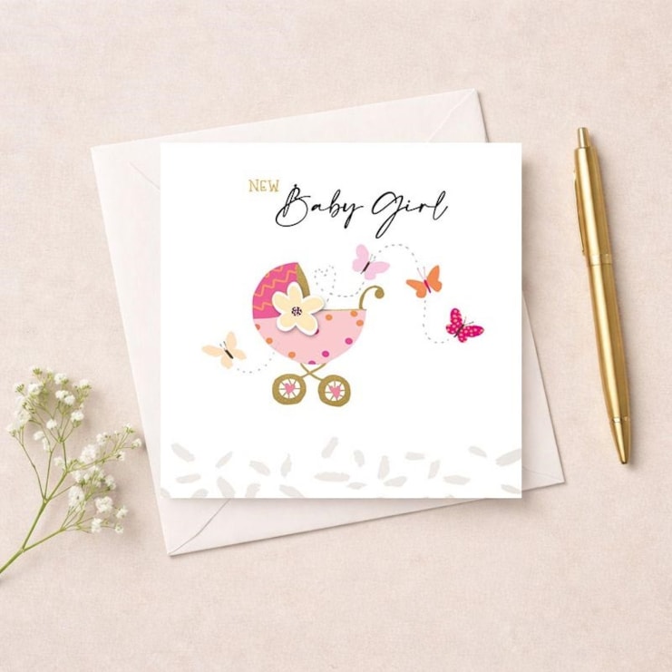 New Baby Girl Card - Pink Pram