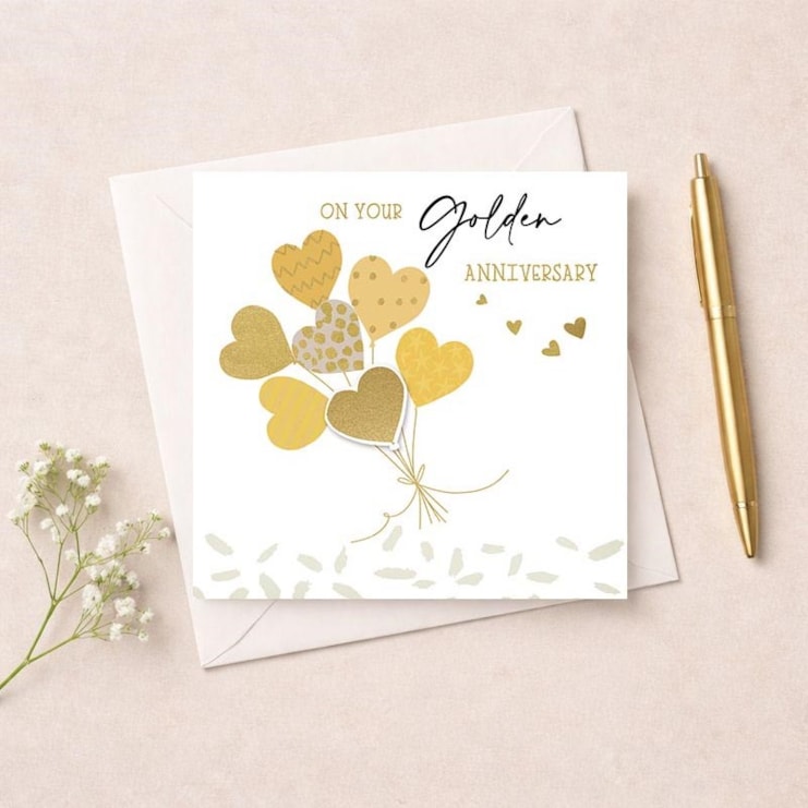 Golden Anniversary Card - Gold Heart Balloons