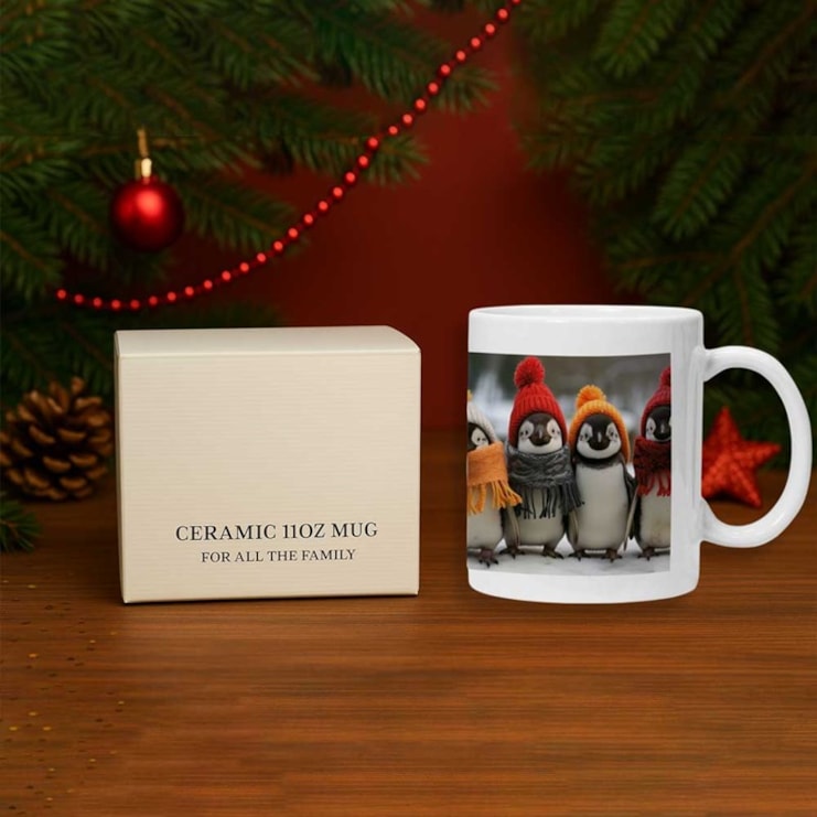 Personalised Christmas Mug - Penguins In Hats & Scarves