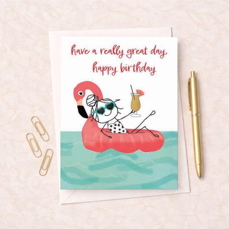 Birthday Card - Flamingo Pool Float & Birthday Cocktail Birthday Card - Flamingo Pool Float & Birthday Cocktail