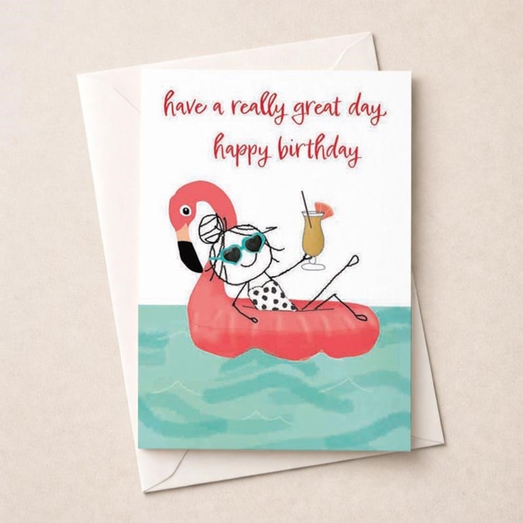Birthday Card - Flamingo Pool Float & Birthday Cocktail Birthday Card - Flamingo Pool Float & Birthday Cocktail
