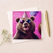 Son Birthday Card - Party Brown Bear