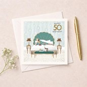Age 50 Birthday Card - Lady On Bed