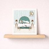 Age 50 Birthday Card - Lady On Bed