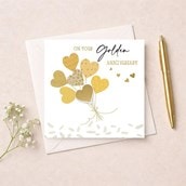 Golden Anniversary Card - Gold Heart Balloons