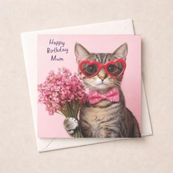 Mum Birthday Card - Cat With Flowers