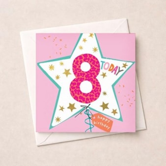 Age 8 Birthday Card - Pink Star Balloon