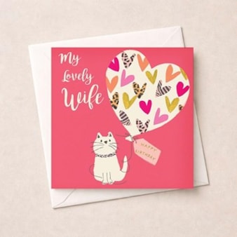 Wife Birthday Card - Cat and Balloon