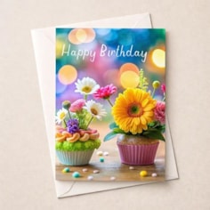 Birthday Card - Floral Cupcakes Birthday Card - Floral Cupcakes