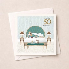 Age 50 Birthday Card - Lady On Bed Age 50 Birthday Card - Lady On Bed