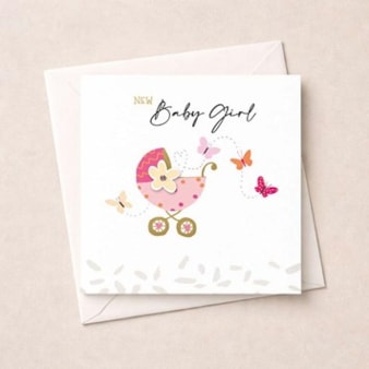 New Baby Girl Card - Pink Pram New Baby Girl Card - Pink Pram