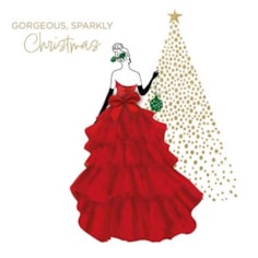 Christmas Card - Merry Christmas Lady In Red Gown With Bow