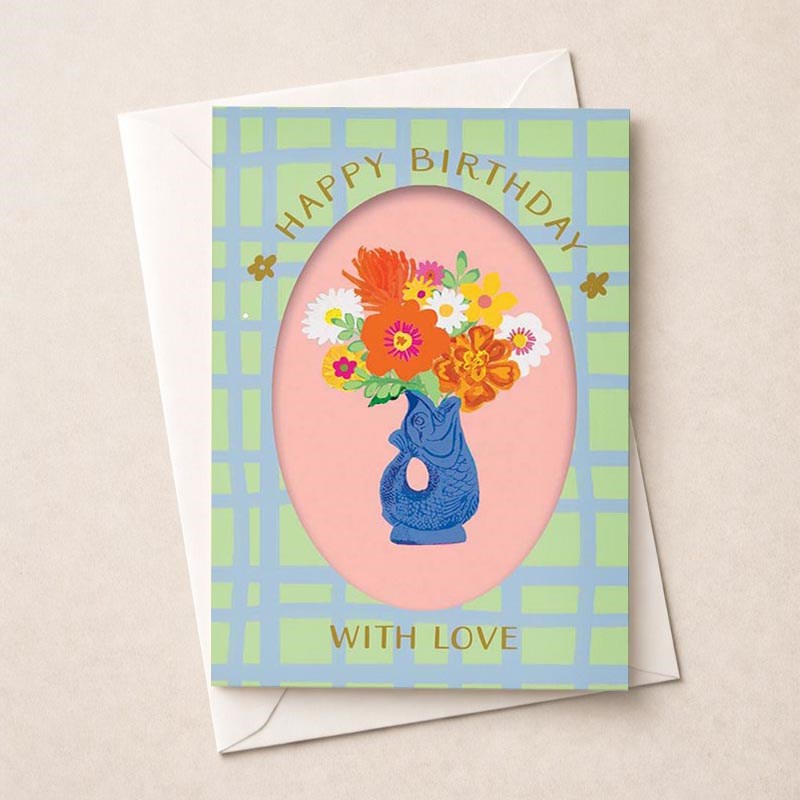 An image of Birthday Card - Fish Jug With Flowers