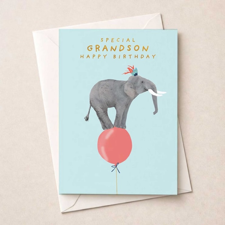 Grandson Birthday Card - Elephant On A Balloon Grandson Birthday Card - Elephant On A Balloon