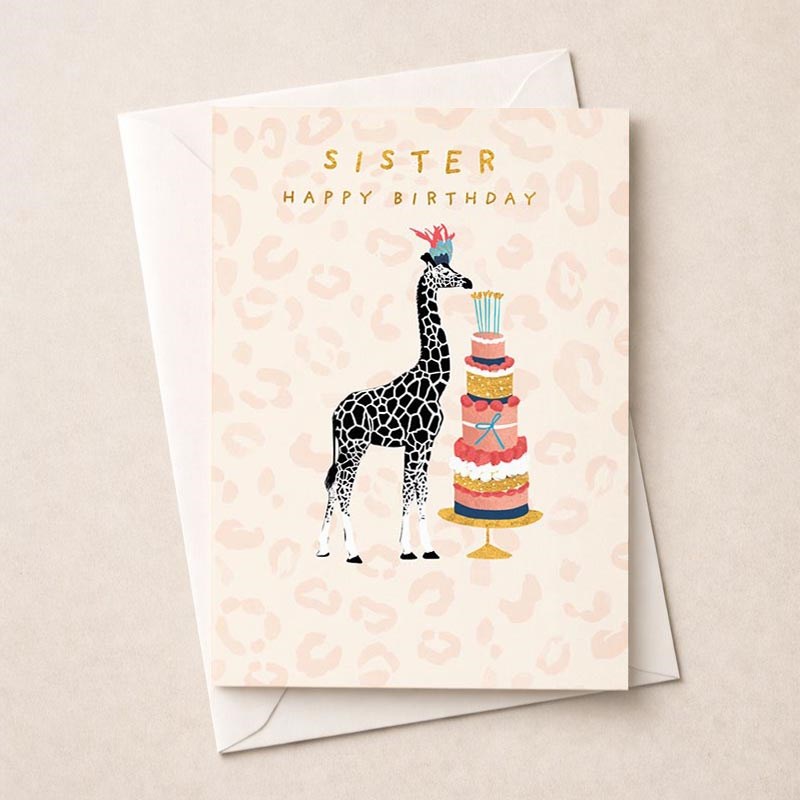 An image of Sister Birthday Card - Giraffe With A Cake