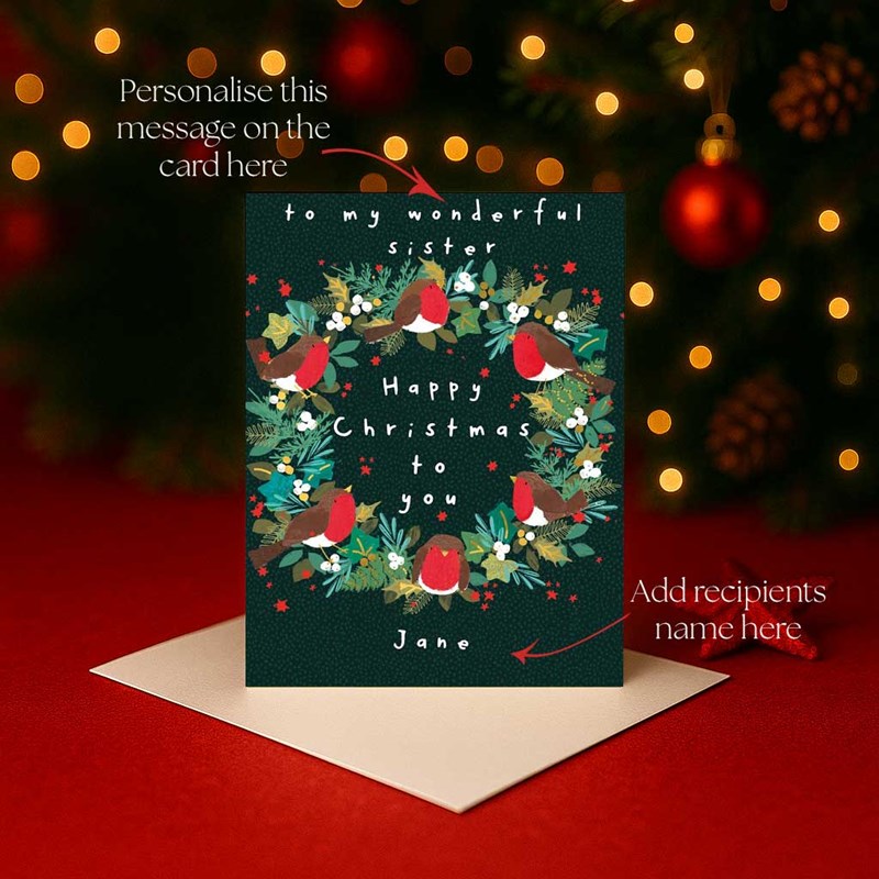 An image of Personalised Christmas Card - Robins On A Wreath