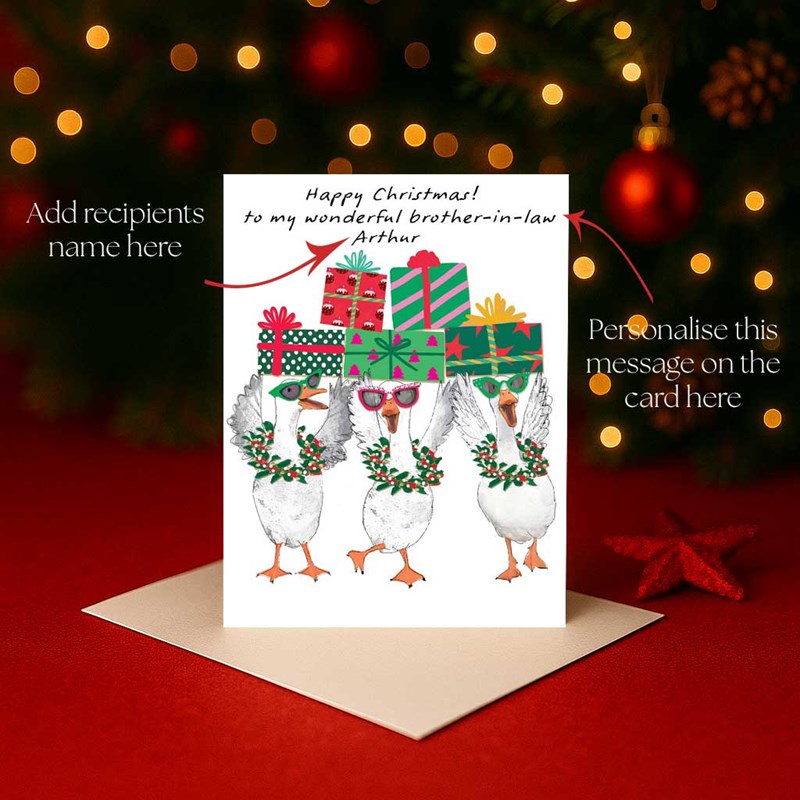 An image of Personalised Christmas Card - Geese With Christmas Presents