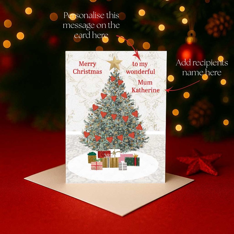 An image of Personalised Christmas Card - Christmas Tree Covered In Hearts