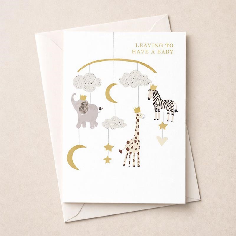 An image of Large Leaving For A Baby Card - Animal Mobile
