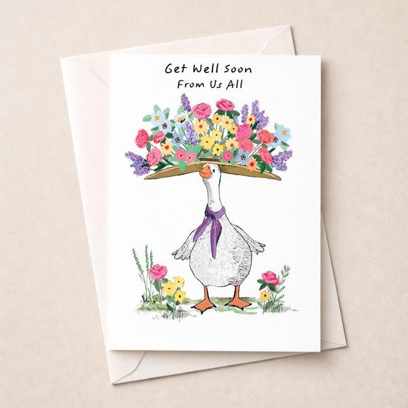 An image of Large Get Well Soon Card - Goose With Flower Hat