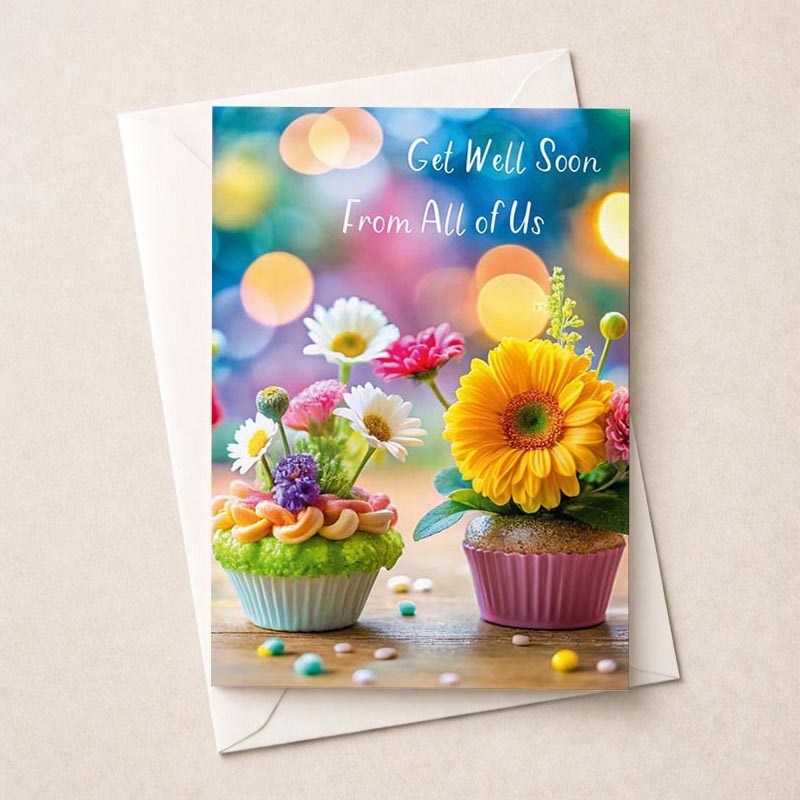 An image of Large Get Well Soon Card - Flower Cupcakes