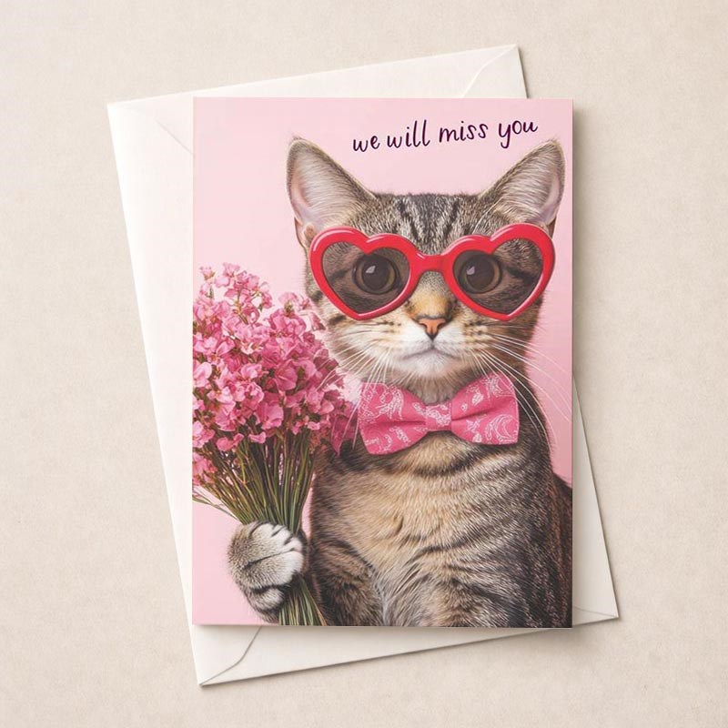 An image of Large Sorry You're Leaving Card - Cat With Flowers