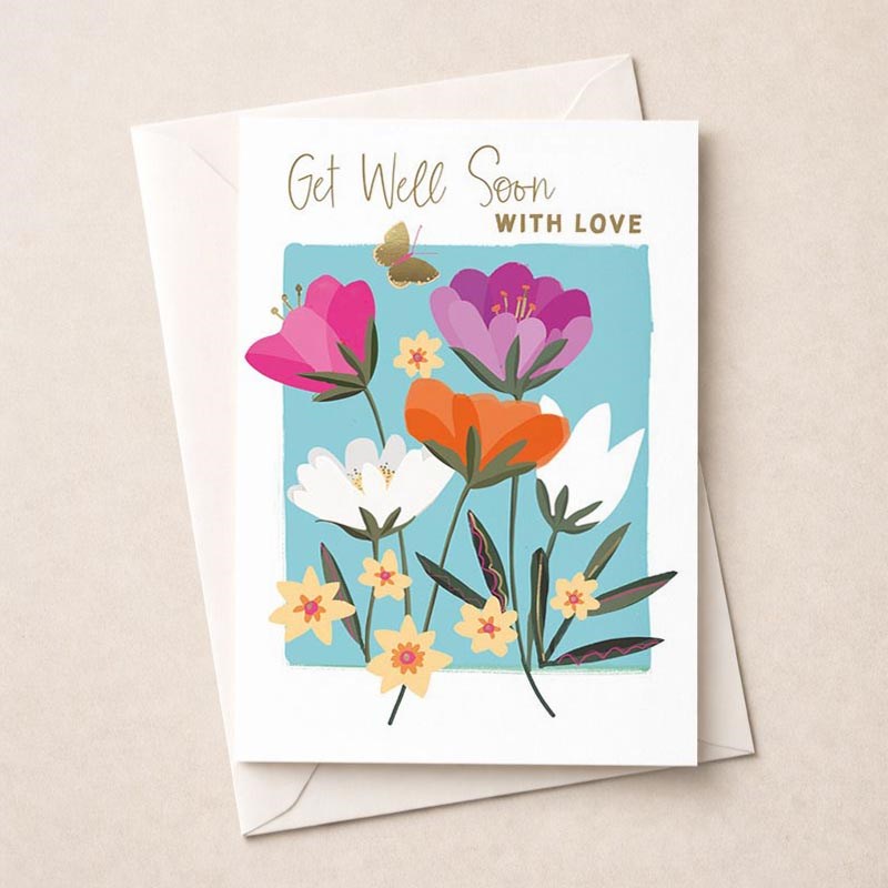 An image of Large Get Well Soon Card - Flowers and Butterflies