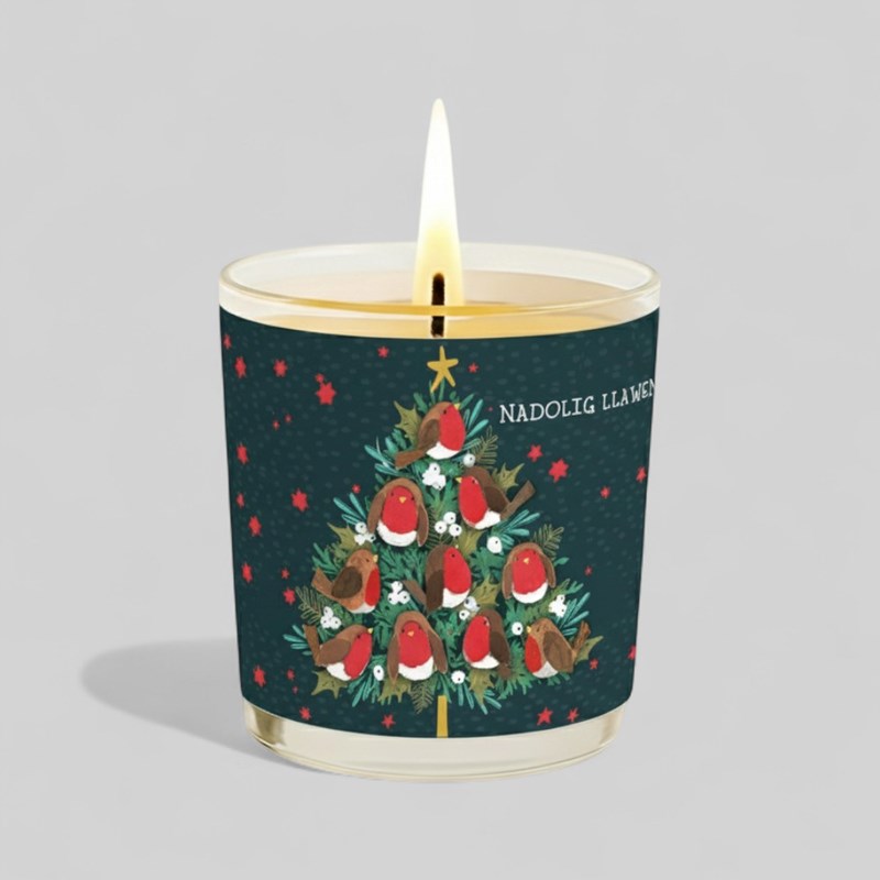 An image of Vanilla Scented Christmas Candle - Nadolig Llawen Robins On A Christmas Tree