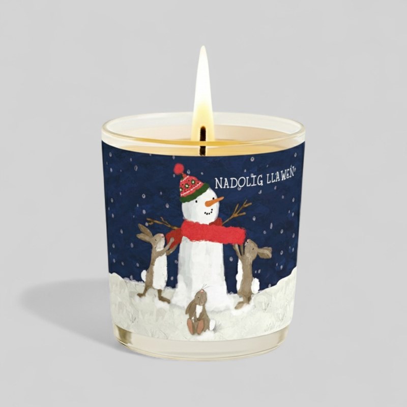An image of Vanilla Scented Christmas Candle - Nadolig Llawen Snowman and Rabbits